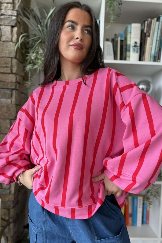 Scamp Lantern Sweatshirt Vertical Stripe Hot Pink & Red